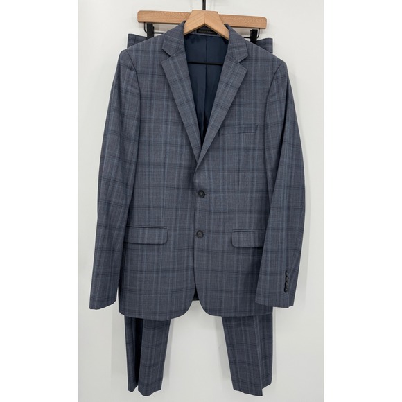 Calvin Klein Suit Mens 42L Blue Plaid Wool Blend Pants 32x32 Blazer Pants Set - Picture 1 of 16